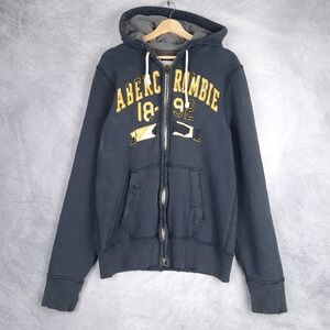 VNTG Abercrombie Fitch Hoodie Mens Medium Blue Spellout Heavy Cotton Fleece Y2K